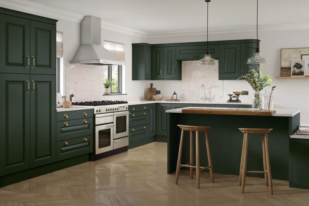 British Racing Green kitchen with shaker-style cabinets, quartz worktops, and brushed bronze hardware - Ashford Kitchens and Interors